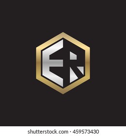 Initial letters ER negative space hexagon shape logo silver gold