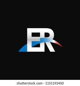 Initial letters ER overlapping movement swoosh logo, metal silver blue red color on black background