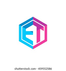 Initial letters ET hexagon box shape logo blue pink purple