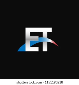 Initial letters ET overlapping movement swoosh logo, metal silver blue red color on black background