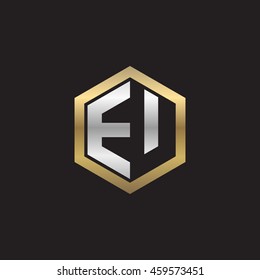 Initial letters EU negative space hexagon shape logo silver gold