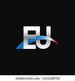 Initial letters EU overlapping movement swoosh logo, metal silver blue red color on black background