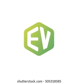 Initial letters EV rounded hexagon shape green simple modern logo
