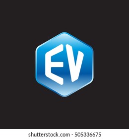 Initial letters EV rounded hexagon shape blue modern logo