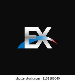 Initial letters EX overlapping movement swoosh logo, metal silver blue red color on black background