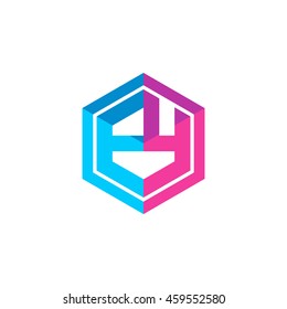 Initial letters EY hexagon box shape logo blue pink purple