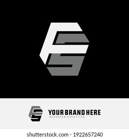Initial letters F, S, FS or SF overlapping, interlock, monogram logo, white and gray color on black background