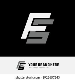 Initial letters F, S, FS or SF overlapping, interlock, monogram logo, white and gray color on black background