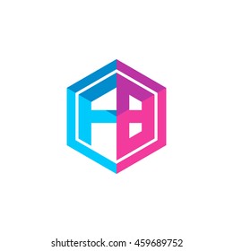 Initial letters FB hexagon box shape logo blue pink purple