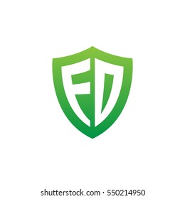 Initial letters FD, ED, FO, EO, shield shape green simple logo