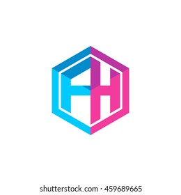 Initial letters FH hexagon box shape logo blue pink purple