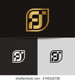 Letras iniciales del vector del logotipo del monograma vinculado FJ. Monograma dorado con dos letras solapadas aisladas en fondo negro.