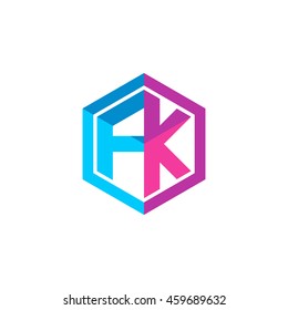 Initial letters FK hexagon box shape logo blue pink purple