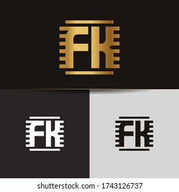 Initial letters FK linked monogram logo vector. Gold logo monogram with two overlap letters isolated on black background.