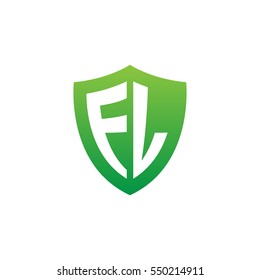 Initial letters FL, EL, shield shape green simple logo