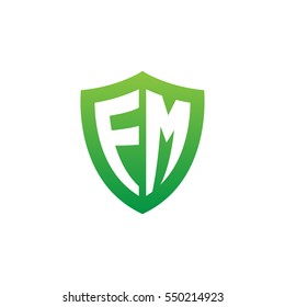 Initial letters FM, EM, shield shape green simple logo
