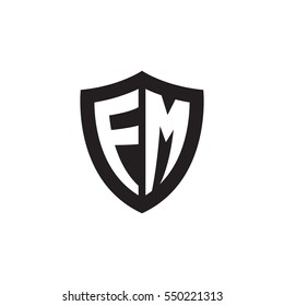 Initial letters FM, EM, shield shape black monogram logo