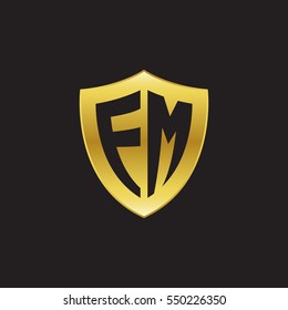 Initial letters FM, EM, shield shape gold logo