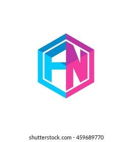 Initial letters FN hexagon box shape logo blue pink purple