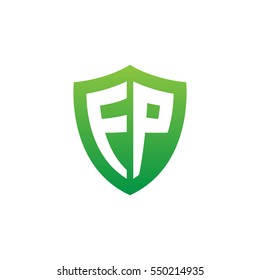 Initial letters FP, EP, shield shape green simple logo