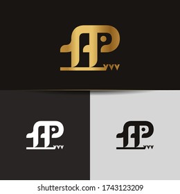 Initial letters FP linked monogram logo vector. Gold logo monogram with two overlap letters isolated on black background.