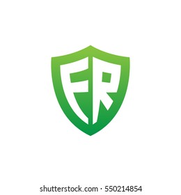 Initial letters FR, ER, shield shape green simple logo