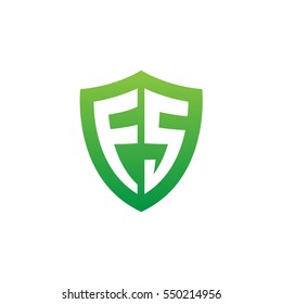 Initial letters FS, ES, shield shape green simple logo