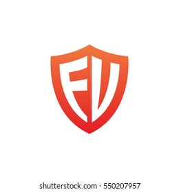 Initial letters FU, EU, FV, EV, shield shape red simple logo