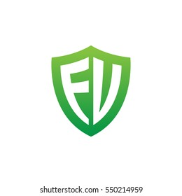 Initial letters FU, EU, FV, EV, shield shape green simple logo