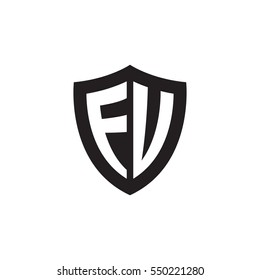 Initial letters FU, EU, FV, EV, shield shape black monogram logo
