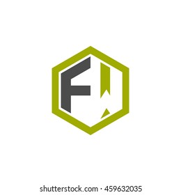Initial letters FW negative space hexagon shape logo green black gray