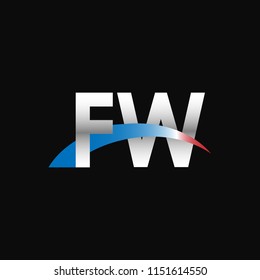 Initial letters FW overlapping movement swoosh logo, metal silver blue red color on black background