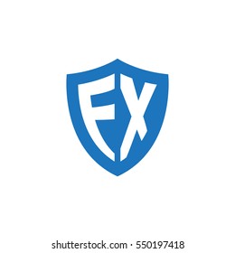 Initial letters FX, EX, shield shape blue simple logo