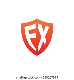 Initial letters FX, EX, shield shape red simple logo