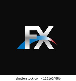 Initial letters FX overlapping movement swoosh logo, metal silver blue red color on black background
