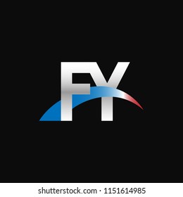Initial letters FY overlapping movement swoosh logo, metal silver blue red color on black background