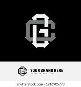 Initial letters G, C, GC or CG overlapping, interlock, monogram logo, white and gray color on black background