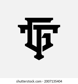 Initial letters G, T, GT or TG overlapping, interlocked monogram logo, black color on white background