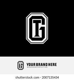 Initial letters G, T, GT or TG overlapping, interlocked monogram logo, white and black color on black background