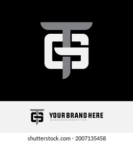 Initial letters G, T, GT or TG overlapping, interlocked monogram logo, white and gray color on black background
