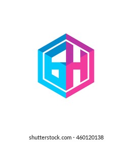 Initial letters GH hexagon box shape logo blue pink purple
