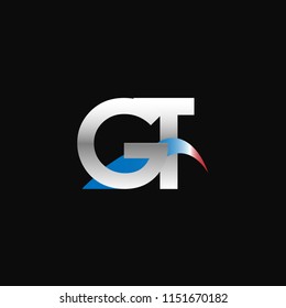 Initial letters GT overlapping movement swoosh logo, metal silver blue red color on black background