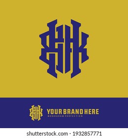 Initial letters H, B, K, HBK, HKB, BHK, BKH, KHB or KBH overlapping, interlock, monogram logo, blue color on yellow background