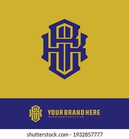 Initial letters H, B, K, HBK, HKB, BHK, BKH, KHB or KBH overlapping, interlock, monogram logo, blue color on yellow background