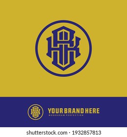 Initial letters H, B, K, HBK, HKB, BHK, BKH, KHB or KBH overlapping, interlock, monogram logo, blue color on yellow background