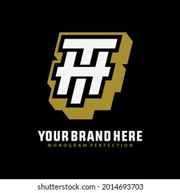 Initial letters H, T, HT or TH overlapping, interlocked monogram logo, white and gold color on black background