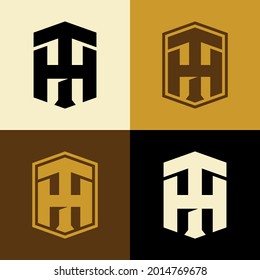 Initial letters H, T, HT or TH overlapping, interlocked monogram logo, cream, black, brown and gold color