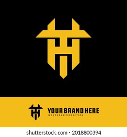 Initial letters H, T, HT or TH overlapping, interlocked monogram logo, yellow color on black background