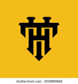 Initial letters H, T, HT or TH overlapping, interlocked monogram logo, black color on yellow background