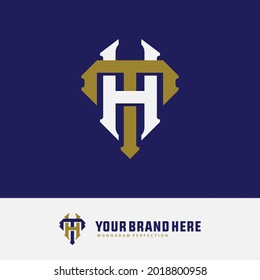 Initial letters H, T, HT or TH overlapping, interlocked monogram logo, white and gold color on blue background